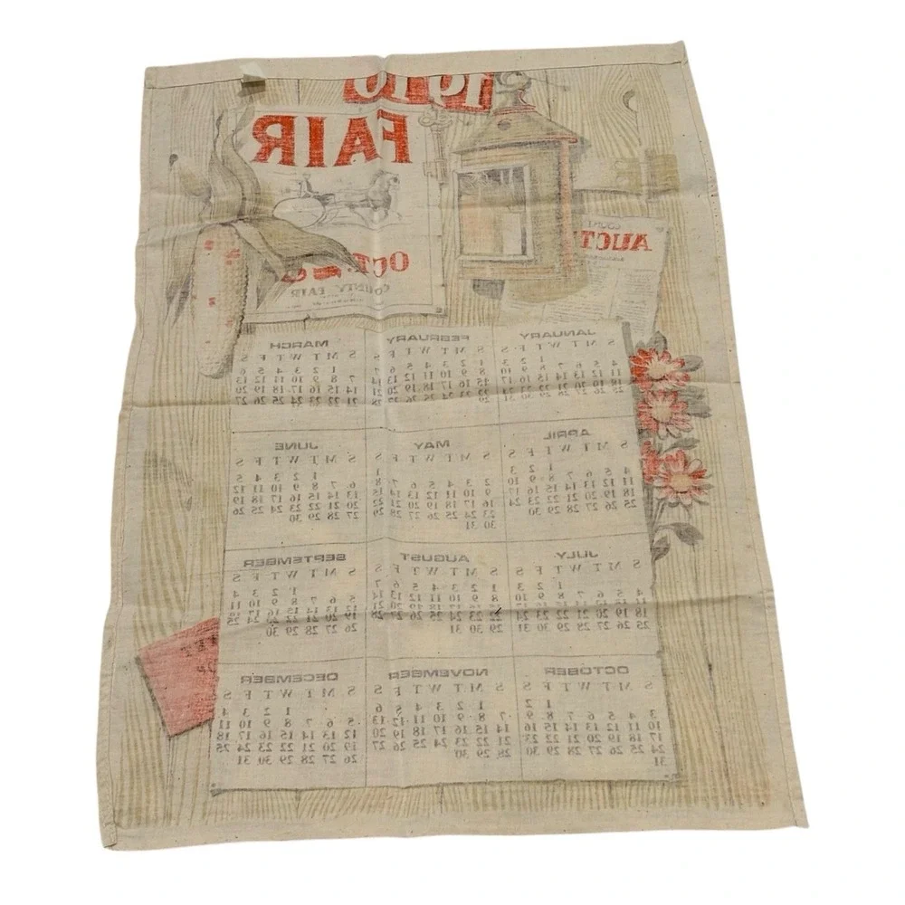 Vintage 1976 Calendar Tea Towel Cotton Fall Fair Wall‎ Hanging No Dowel